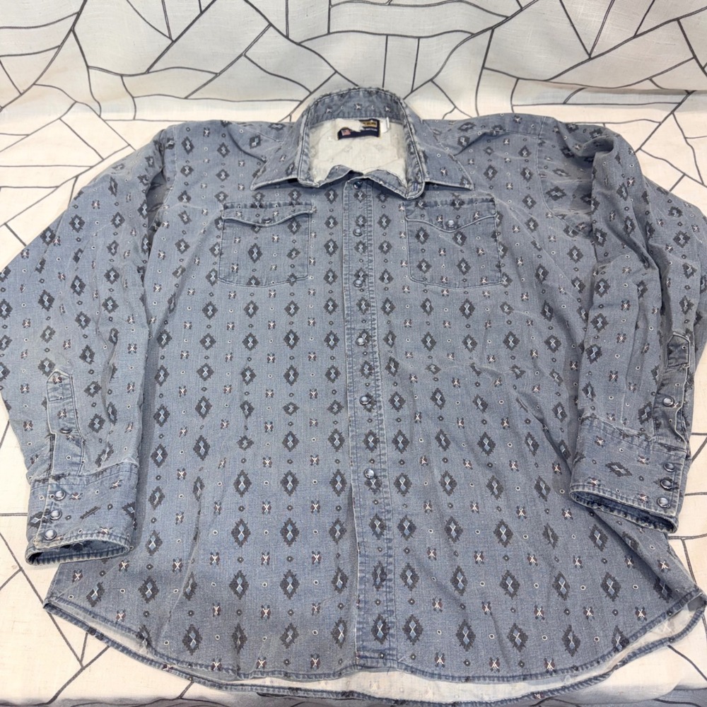 Panhandle Slim Western Pearl Snap Shirt 17.5 Blue Geometric Diamond Print